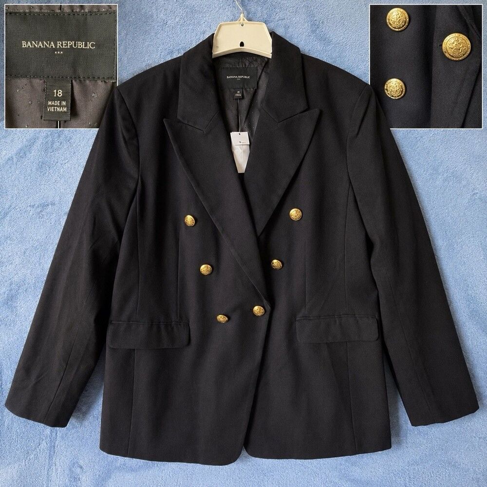 Banana Republic Women’s Blazer Size 18 Black Double Breasted Gold Buttons NWT